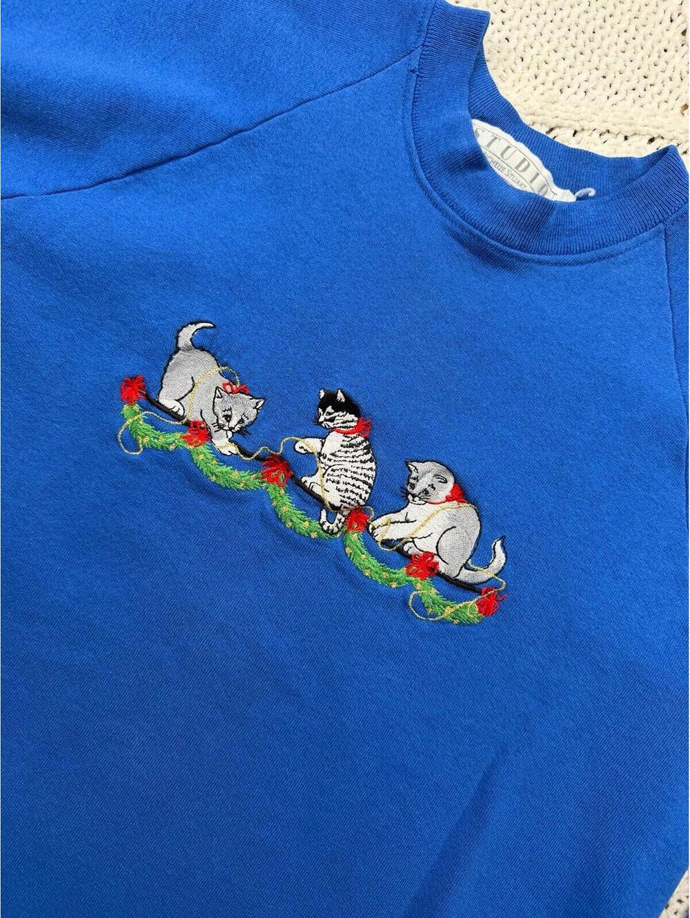 VTG 90s Studio Sweatshirt Embroidery Kitten Cat Kitty Sweater Jumper Sz Large